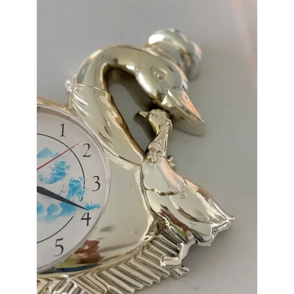 Vintage Kitsch Swan Wall Clock | Silver Tone Quartz Clock Working